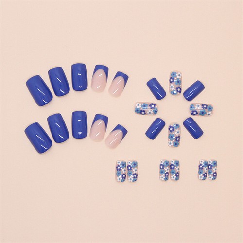 Medium Square Press-On Fake Nail Elegant Cute Flowers Blue French Manicure 24pcs - Picture 6 of 6