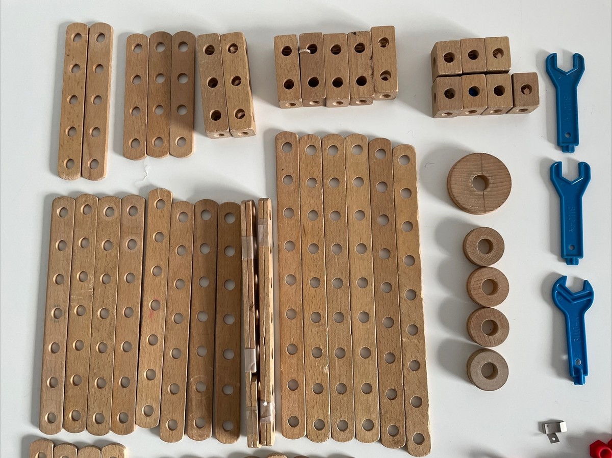 Lot Mécano En Bois Vintage + 100 Pièces - Jeu De Construction Ancien | Jouet Enfant Rétro, Créatif Et Éducatif