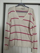 LOFT PINK WHITE STRIPED V-NECK SWEATER SZ M