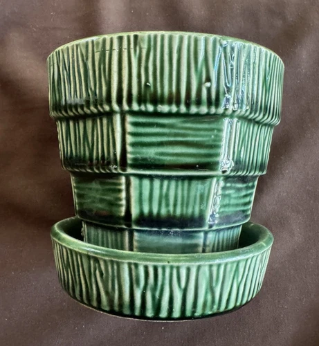 Vintage McCoy Glossy Dark Green Basket Weave 4" Planter