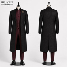 Men's Black Brocade Long Tailcoat Burgundy 3 Piece Suit Gothic Victorian Wedding