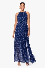 Betsy  Adam Karina Blue Gold Foil Chiffon Ruffle Tie Neck Gown Sz 8 NWT