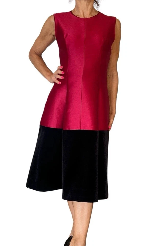 Kate Spade Fit & Flare Sleeeless Dress Red Silk Satin Black Velvet Midi 4-6 - Image 4 of 4