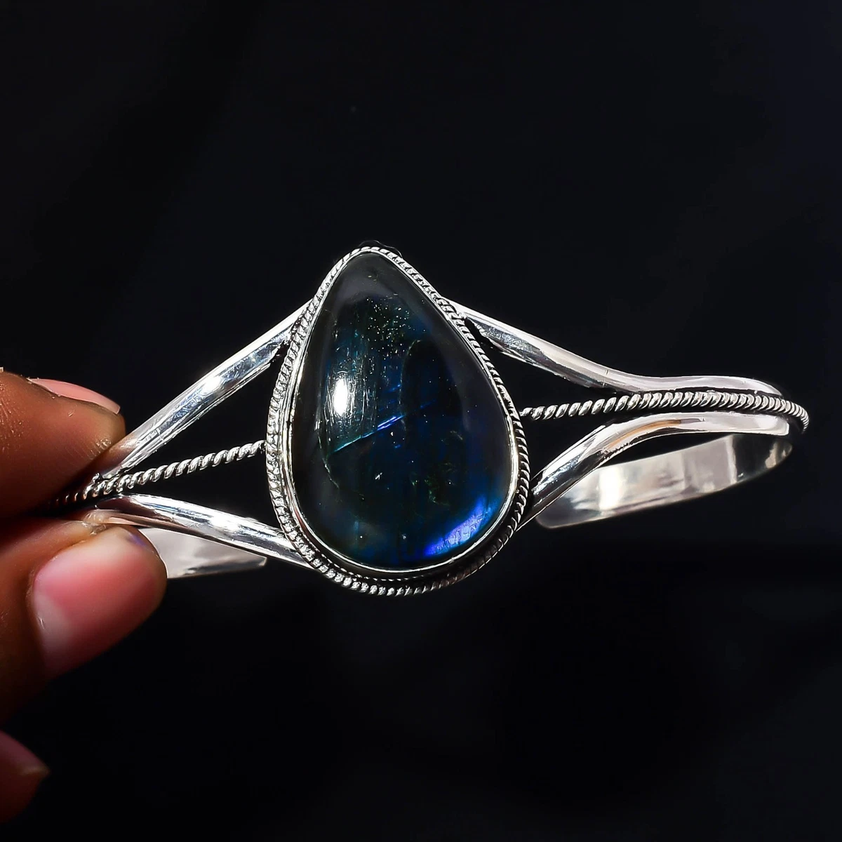 Labradorite Gemstone 925 Sterling Silver Handmade Bangle Jewelry Gift For Love