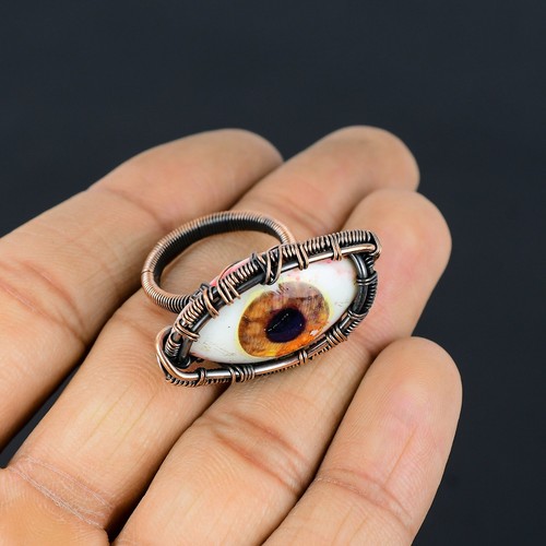 Realistic Human Eye Gemstone Copper Wire Wrap Handmade Amazing Ring Jewelry - Picture 2 of 5