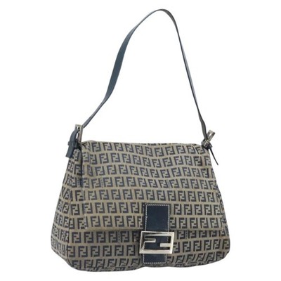FENDI Zucchino Canvas Mamma Baguette Shoulder Bag Navy Silver Auth