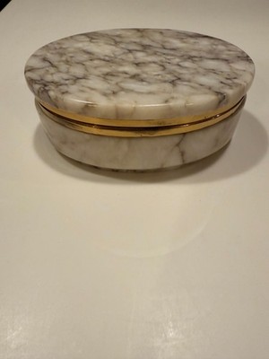 Hand Carved Genuine White Alabaster Hinged Trinket Jar Made In Italy Brass