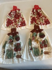 Set of 4 Cotton Hanging Kitchen Towels Crocheted Tops