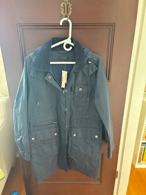 J. Crew  The Downtown  Wax Coated Long Field Jacket / Coat Size L Navy Blue