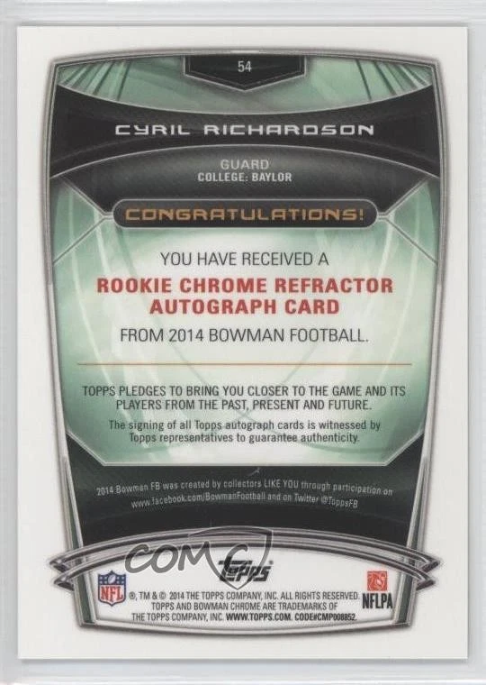 2014 Bowman Rookie Chrome Refractor X-Fractor /10 Cyril Richardson #54 Auto RC - Image 2 of 2