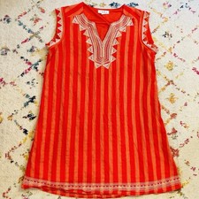 THML Anthropologie Sleeveless Dress Tunic Aztec Boho Embroidered Sz L Red Orange