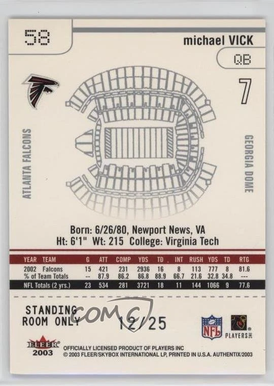 2003 Fleer Authentix Standing Room Only /25 Michael Vick #58 - Image 2 of 2