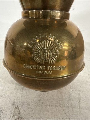 Antique Redskin Brand Brass Chewing Tobacco Cut Plug Spittoon 10” Weighted 