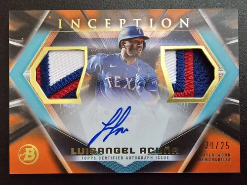 2023 Bowman Inception LUISANGEL ACUNA Auto Dual Patch RC Orange #20/25 Rangers - Picture 1 of 4