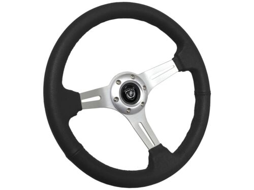 VSW 14 inch Black Leather Steering Wheel, 6-Bolt Brushed Spoke, 2.5 inch Dish - Picture 1 of 5