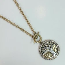 N0266 Gold Silver Tone Metal Rhinestone Tree of Life Circle Pendant Necklace