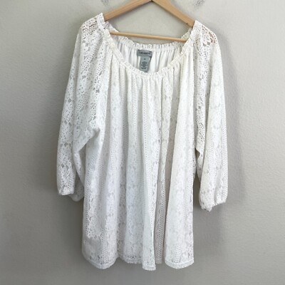 CATHERINES Womens Plus 3X White Lace Overlay Blouse 3/4 Sleeve Shirt Top