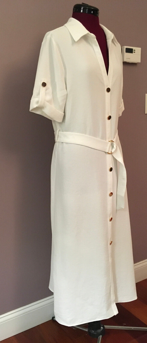 New Zara Women's Midi Gold Button Belted Shirtdress White New Zara Women's Midi Gold Button Belted Shirtdress White