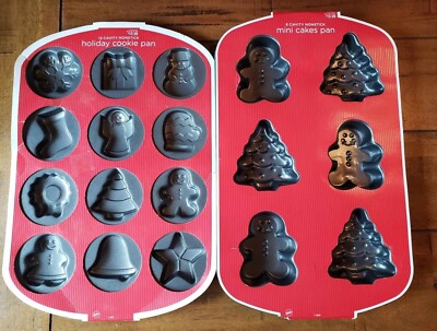 WILTON 12 Cavity Christmas Cookie Holiday Baking Pan & 6 Cavity Mini Cake Pan