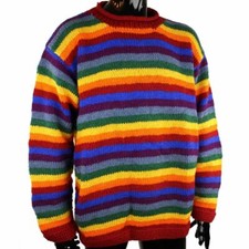 RAINBOW STRIPE HIPPIE JUMPER BOHO FAIR TRADE NEPAL WOOL KNIT 3 Sizes