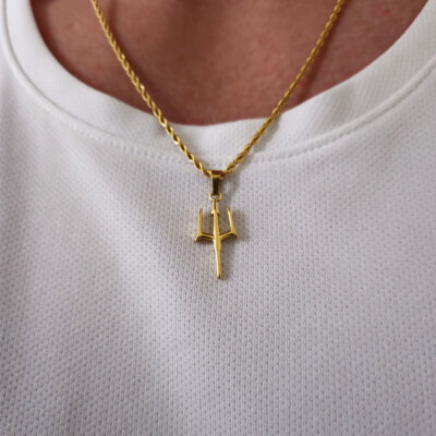 Gold Neptune's Trident Pendant Necklace, Mens Trident Pendant