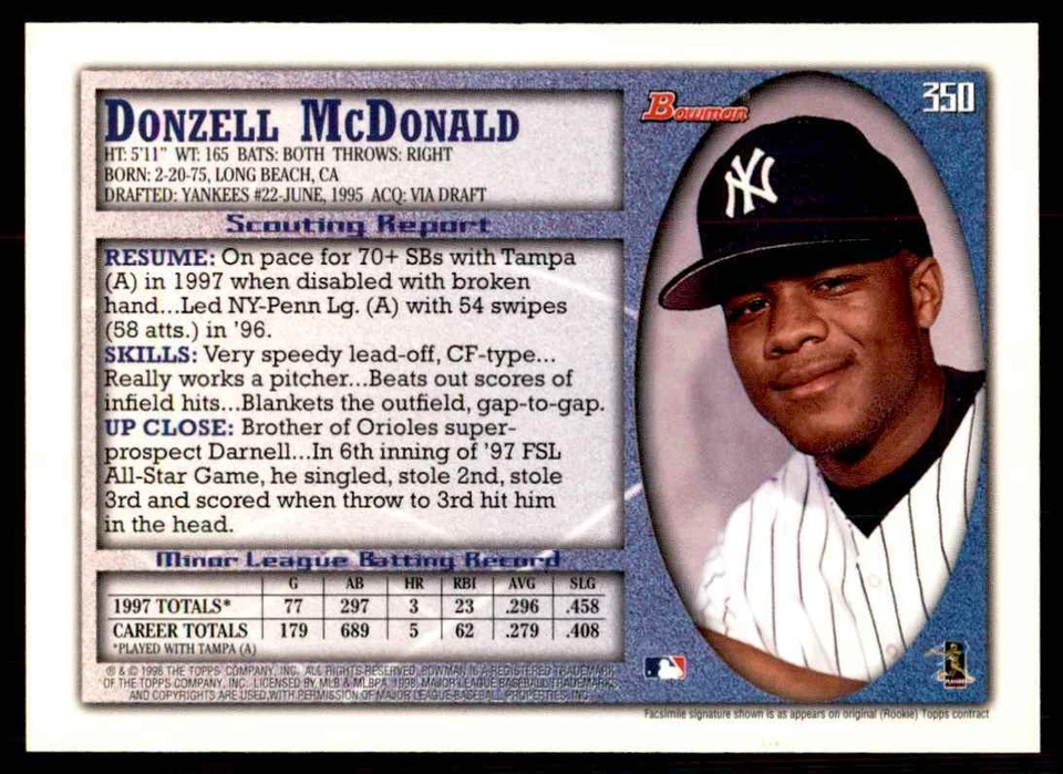 1998 BOWMAN DONZELL MCDONALD NEW YORK YANKEES #350 - Image 2 of 2