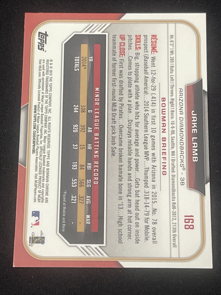 Jake Lamb 2015 Bowman Chrome #168 RC Rookie Card Arizona DIamondbacks - Image 2 of 2