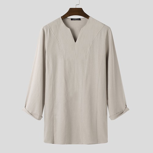 Summer Mens Linen CottonV-Neck Shirt Formal V-Neck Long Sleeve Tops T Shirt Tee - Picture 15 of 15