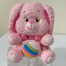 Vintage 80s Pink Bunny Rabbit Rainbow Tummy Plastic Bank 1984 Small World Import