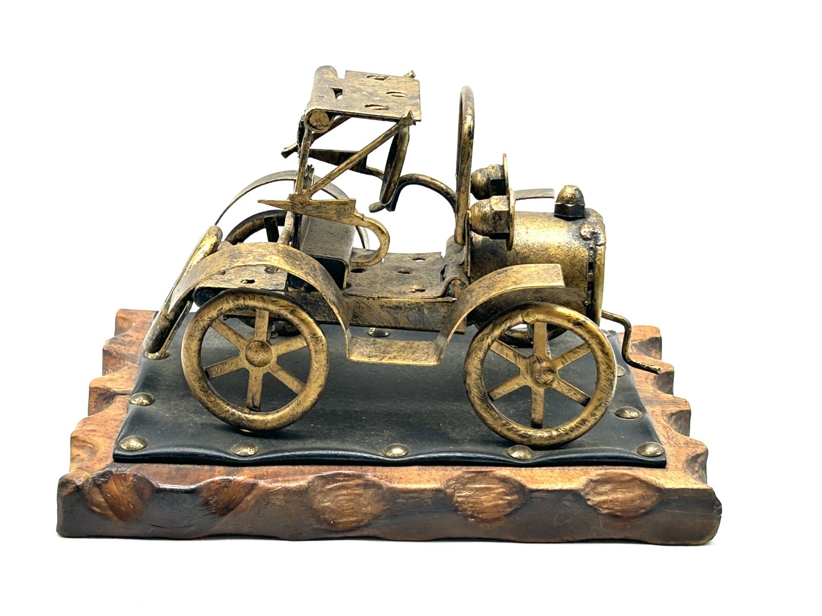 Vintage Sterner Imports (Spain) Metal Car Sculpture Brass Wood Old