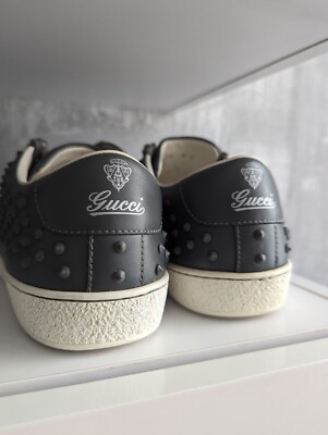Gucci Gray Leather Studded Spikes Sneakers Trainers Shoes 322736