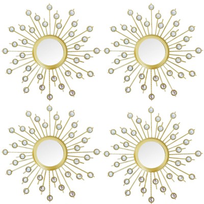 4 Pack Silver Sunburst Wall Mirror Decor Metal Rhinestone Crystal Burst Decorati