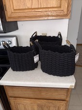 Cotton Rope Storage Baskets Oval Black Set of 3 with Handles - See Pictures