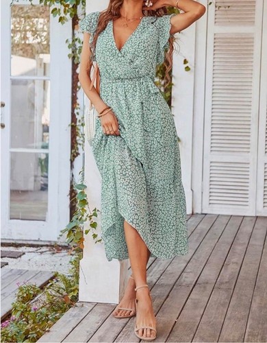 Women's XXL Dress Summer Floral Boho Belt Green NWT