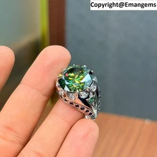 10 CT Round Green Moissanite Ring 925 Silver - Lab-Created Moissanite Mens Ring