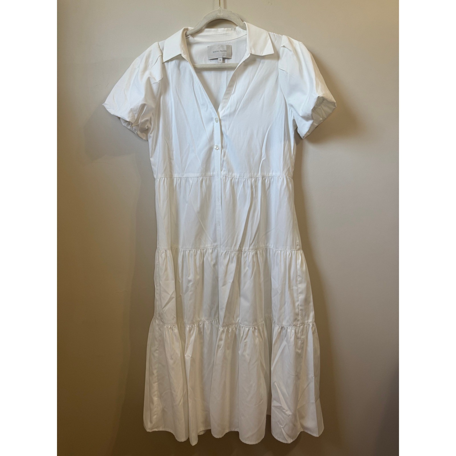 Brochu Walker Havana Tiered Midi Dress White Puff Sleeve Cotton Poplin Size M image 2