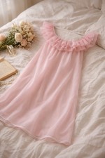 Vintage Val Mode Pink Sheer Nightgown Ruffle Neck Romantic Cottagecore