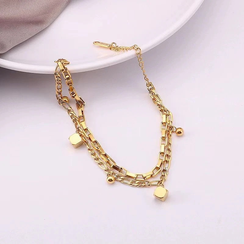 Женщина 18K золото покрытием титана стали кубики коробка обочины цепочка браслет - Изображение 2 из 4