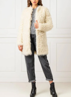 Pepe Jeans Womens Faux Fur Coat Off White Small Lisa Mid Length