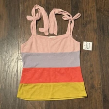 Sugar Fox Square Neck Striped Color Block Tied Shoulder Women's Sleeveless Sz Lg