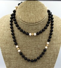 14K GOLD BEADS PEARLS AND ONYX NECKLACE - 30 in.