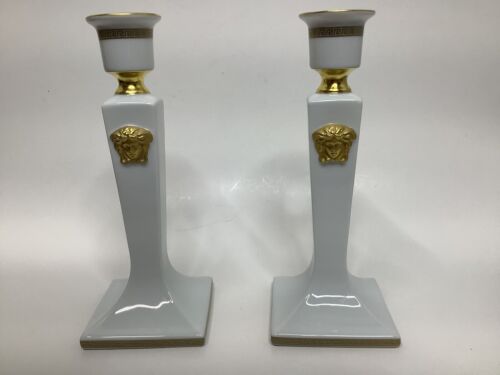 Versace Rosenthal Gorgona Gold Weiß Kerzenständer 8" 2er Set Selten Paar Rarität - Bild 7 von 7