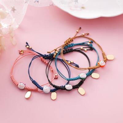 1Pc Ceramic Lucky Cat Star Bracelet Hand-Woven Rope Bangle Women Girls Jewelry