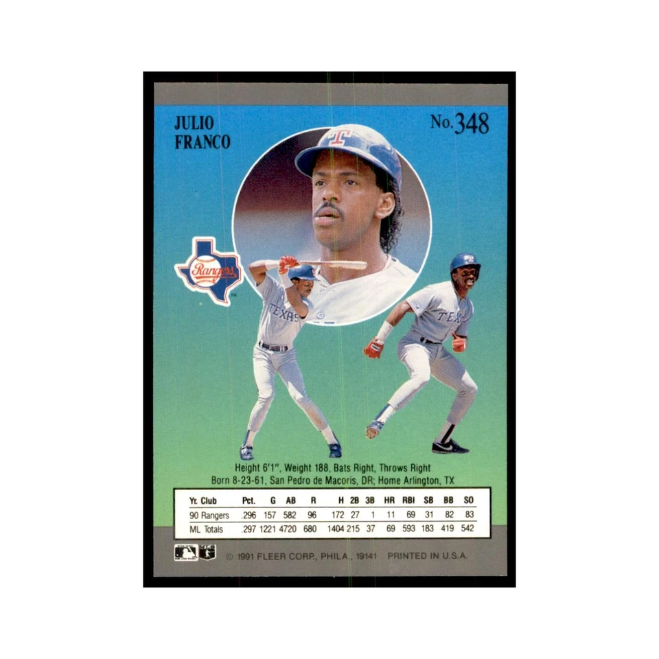 Julio Franco 1991 Fleer Ultra #348 Baseball Cards Baseball Card NM - Image 2 of 3
