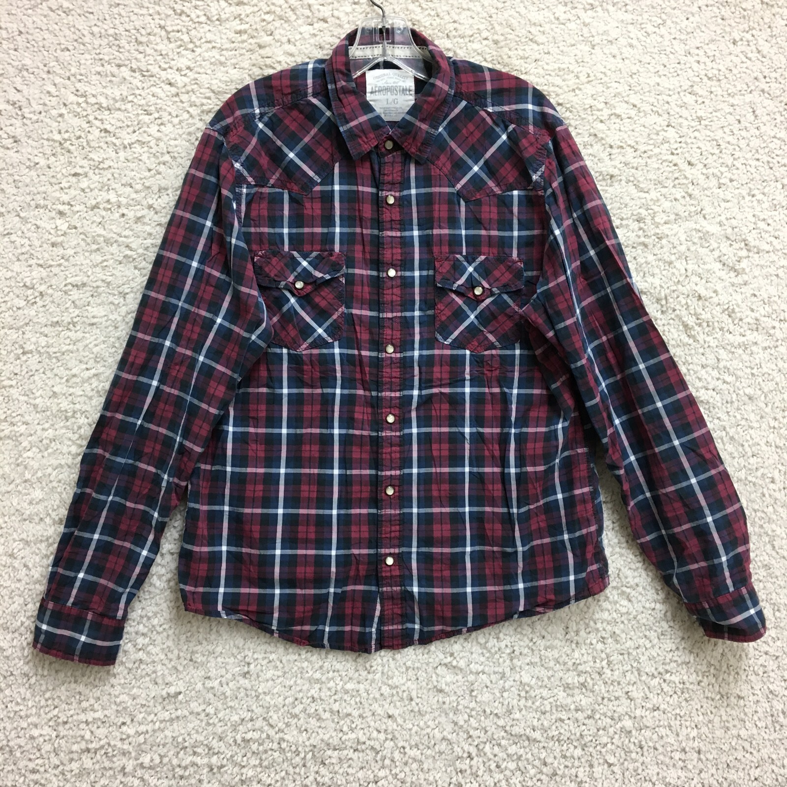 Aeropostale Button Up Shirt Large Adult Red Pearl Snap Western Cowboy Plaid Mens
