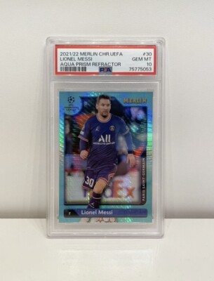 2021/2022 Topps Chrome Merlin Lionel Messi Aqua Prism Refractor PSA 10
