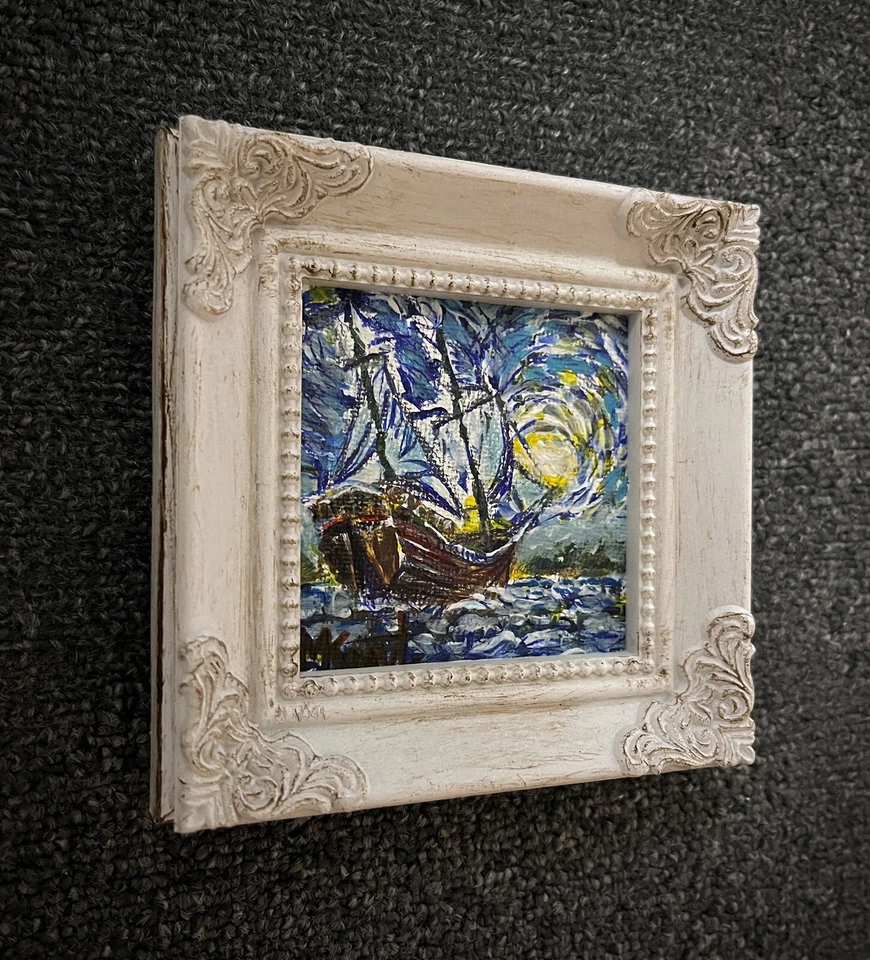 "Miniatura Original Van Gogh Velero Pintura Paisaje Marino Firmado Enmarcado 3x3"" Arte MK Foto 3 de 4