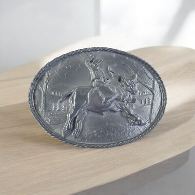 Vtg Belt Buckle Men's Cowboy Bull Riding Bucking Pewter Roped-Edge Pewter Metal