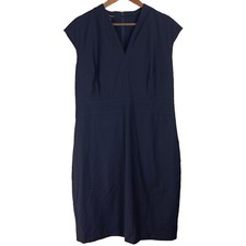 Talbots Wool Blend Navy Blue Shift Dress Cap Sleeve Sz 14 Back Zip Closure FLAW