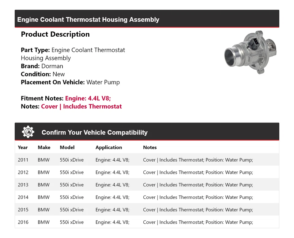 Conjunto de carcasa termostato Dorman para BMW 550i xDrive 2011-2016 2012 2013 2014 Foto 2 de 4
